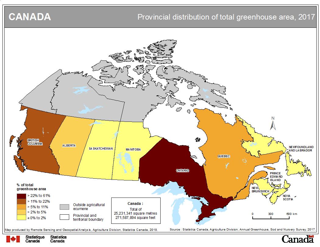 Thumbnail for map 1: Provincial distribution of total greenhouse area, 2017