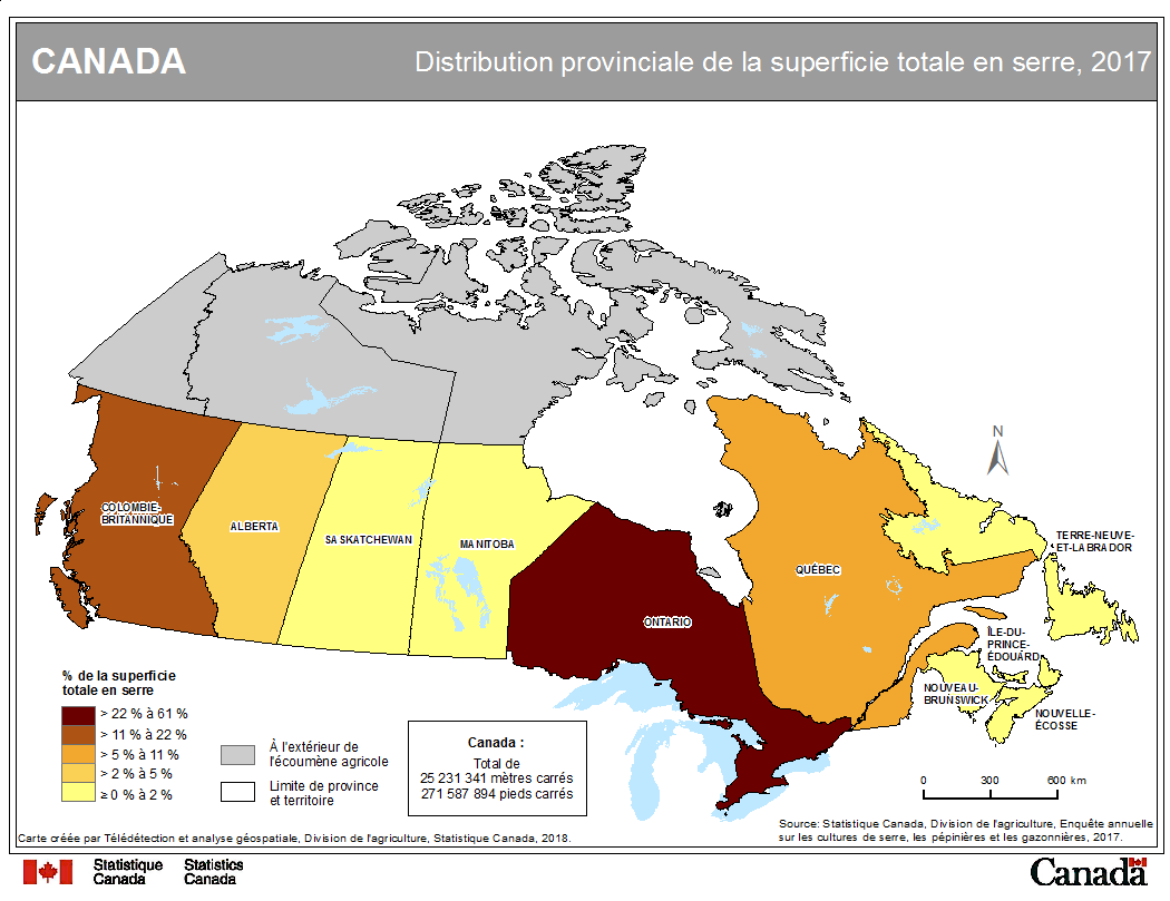 Vignette de la carte 1: Distribution provinciale de la superficie totale en serre, 2017