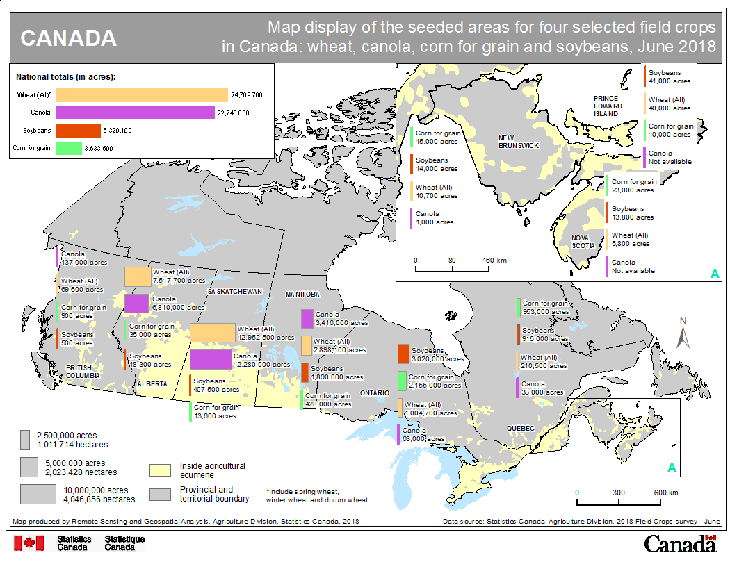 Thumbnail for map 1: Map display of the seeded areas for four selected field crops in Canada: wheat, canola, corn for grain and soybeans, June 2018
