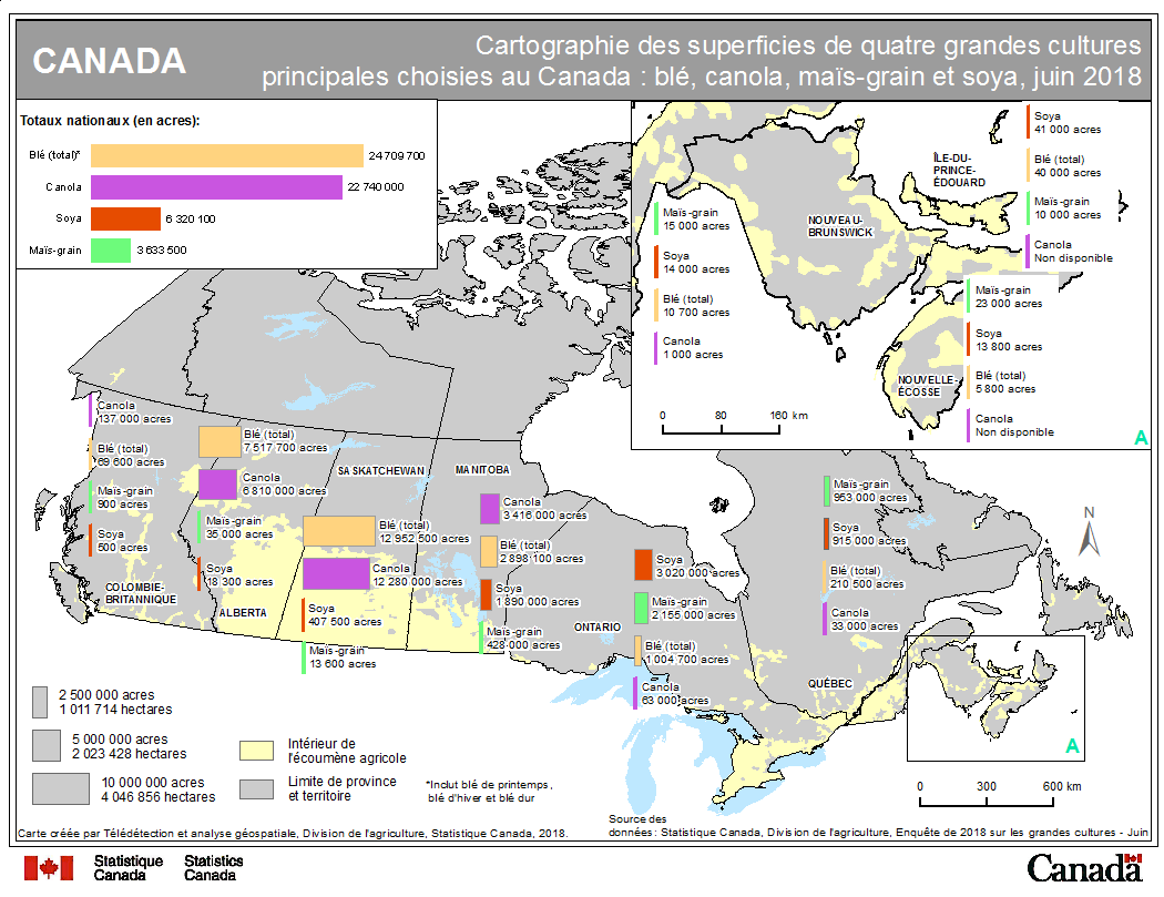 Vignette de la carte 1: Cartographie des superficies de quatre grandes cultures principales choisies au Canada : blé, canola, maïs-grain et soya, juin 2018