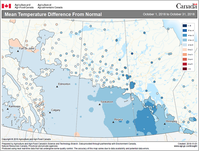 Thumbnail for map 2: Mean temperature difference from normal from October 1 to October 31, 2018 (during the collection), for the Prairie provinces