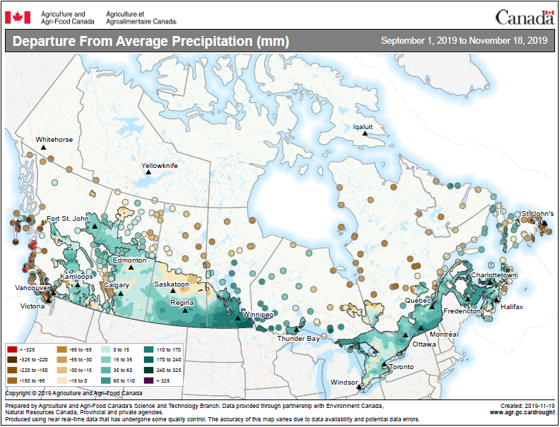 Thumbnail for map 1: Departure from average precipitation (in millimetres) from September 1 to November 18, 2019 (during harvest and collection), compared with annual average, by province