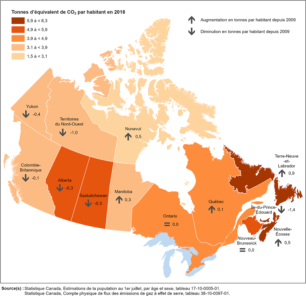 Vignette de la carte 1: Émissions de gaz à effet de serre des ménages par habitant, selon la province ou le territoire, 2018