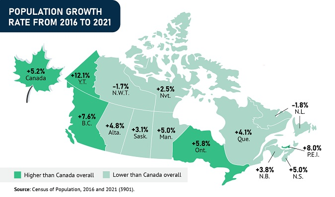 Thumbnail for map 1: The population growing faster than Canada overall in Yukon, Prince Edward Island, British Columbia and Ontario from 2016 to 2021 
