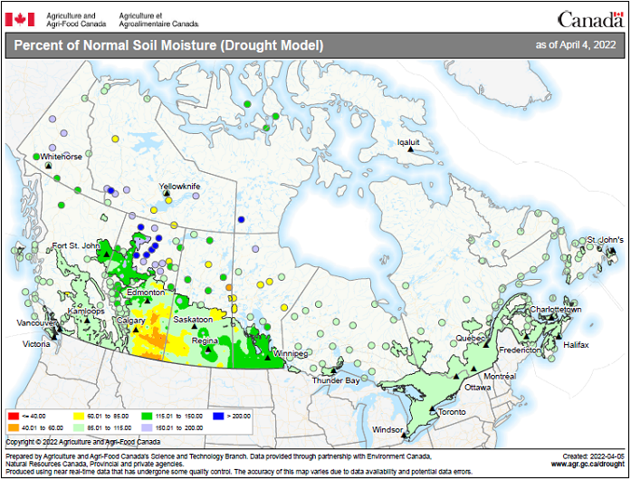 Thumbnail for map 1: Percentage of normal soil moisture (drought model) as of April 4, 2022, compared with annual average, by province