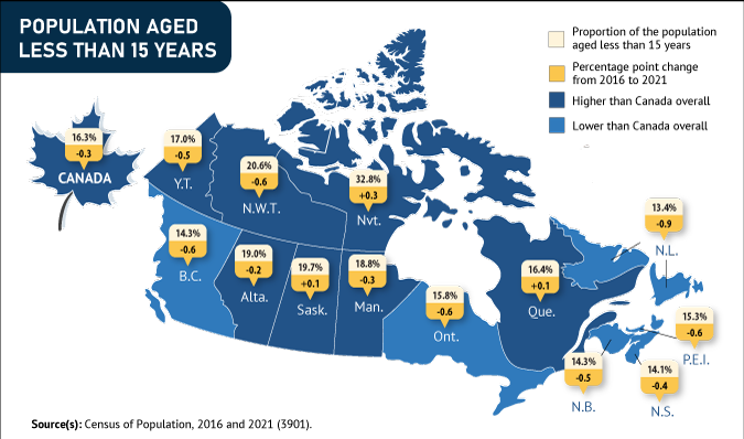 Thumbnail for map 2: Children under 15 outnumber people aged 65 and older in the Prairies