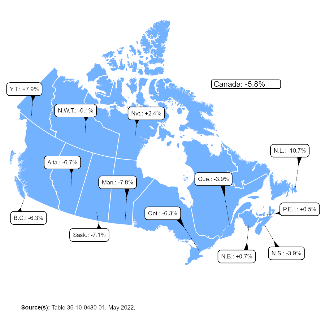 Thumbnail for map 1: Labour productivity growth in the business sector, Canada, provinces and territories, 2021