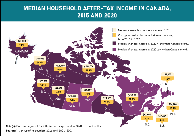 Thumbnail for map 1: After-tax income grew in all provinces and territories, except in Alberta and in Newfoundland and Labrador