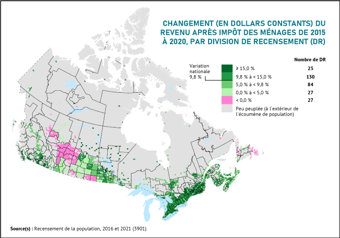 Vignette de la carte 3: Les régions affichant une diminution de leur revenu médian après impôt de 2015 à 2020 étaient concentrées en Alberta, en Saskatchewan et à Terre-Neuve-et-Labrador