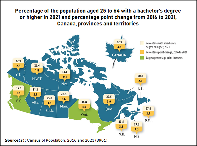 Thumbnail for map 2: British Columbia and Ontario saw the largest percentage point increases in degree holders from 2016 to 2021