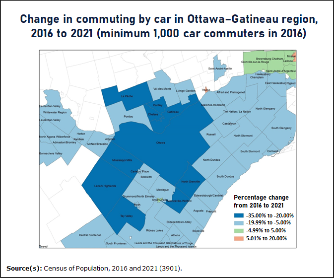 Thumbnail for map 1: Commuting by car decreases throughout the Ottawa–Gatineau region in May 2021