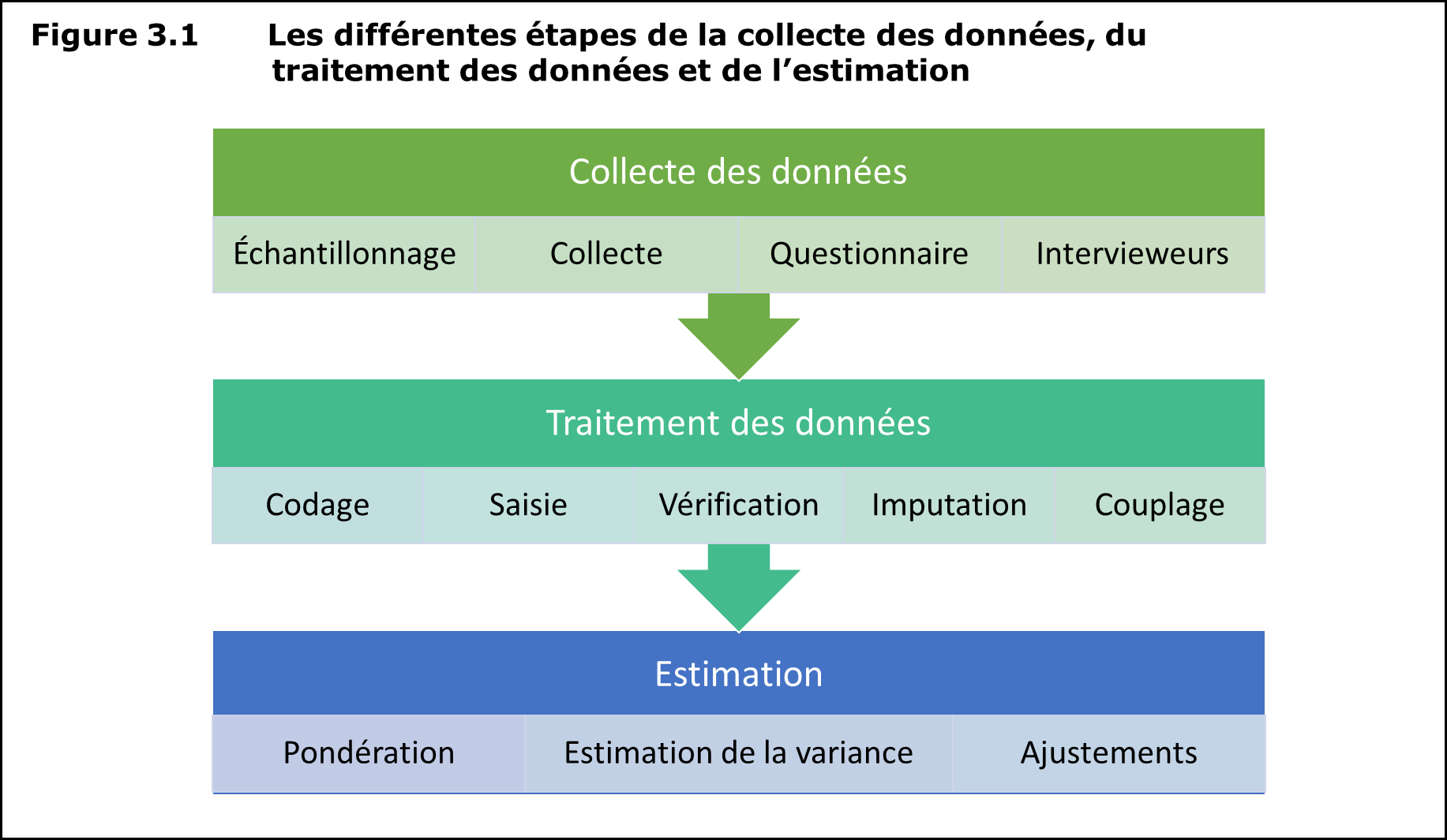 Figure 1 Les différentes étapes de la collecte des données, du traitement des données et de l’estimation