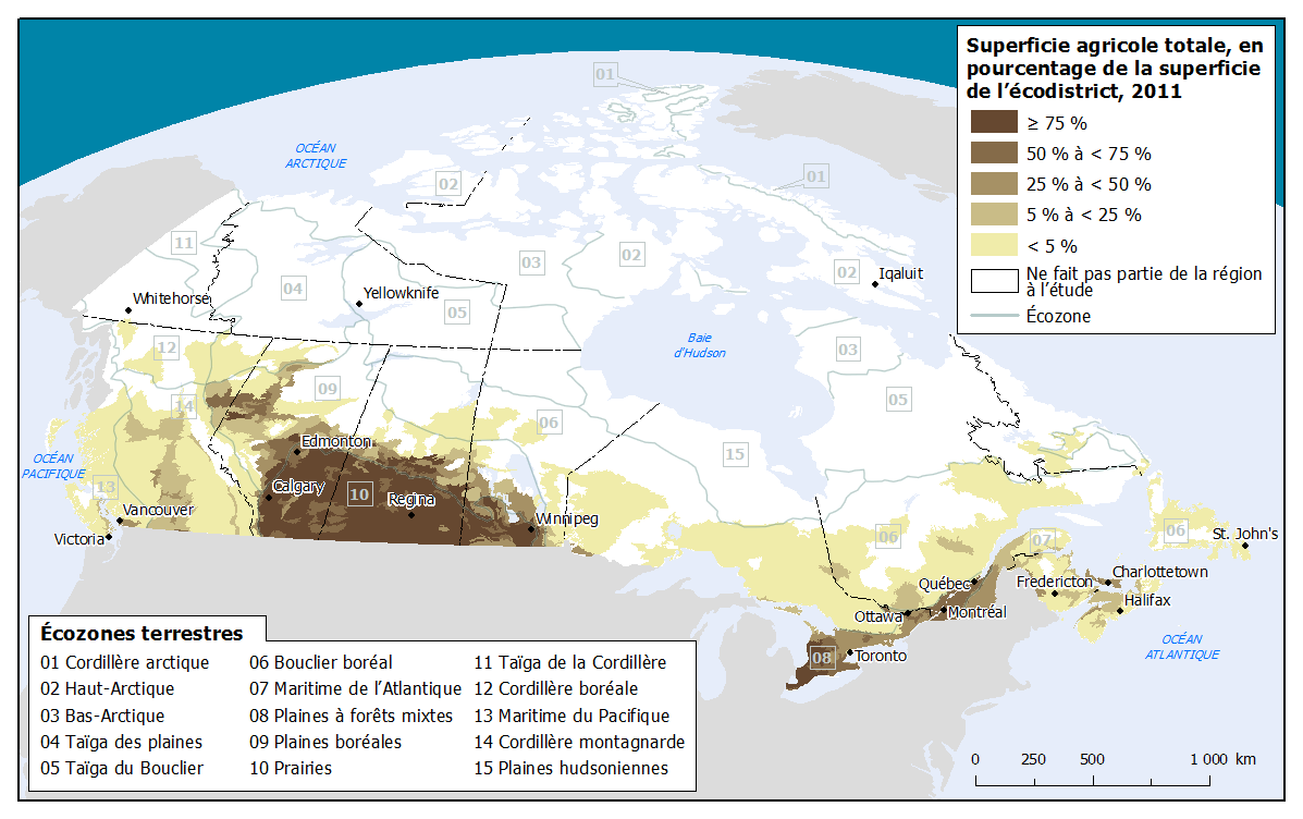 Carte 1: Superficie agricole totale, en pourcentage de la superficie de l'écodistrict, 2011