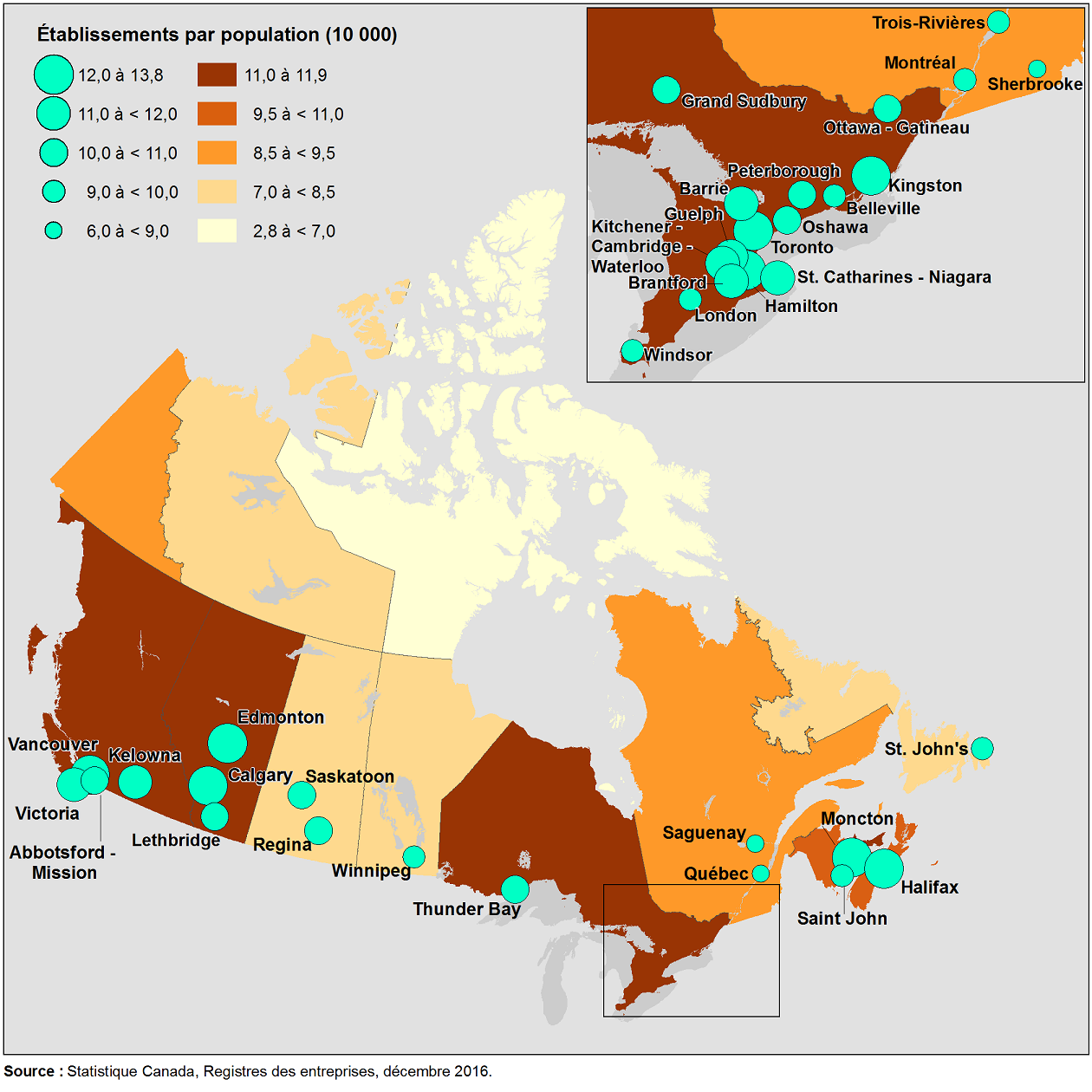 Vignette de la carte 1: Établissements de restauration à service restreint selon la province et le territoire, et pour certaines régions métropolitaines de recensement sélectionnées