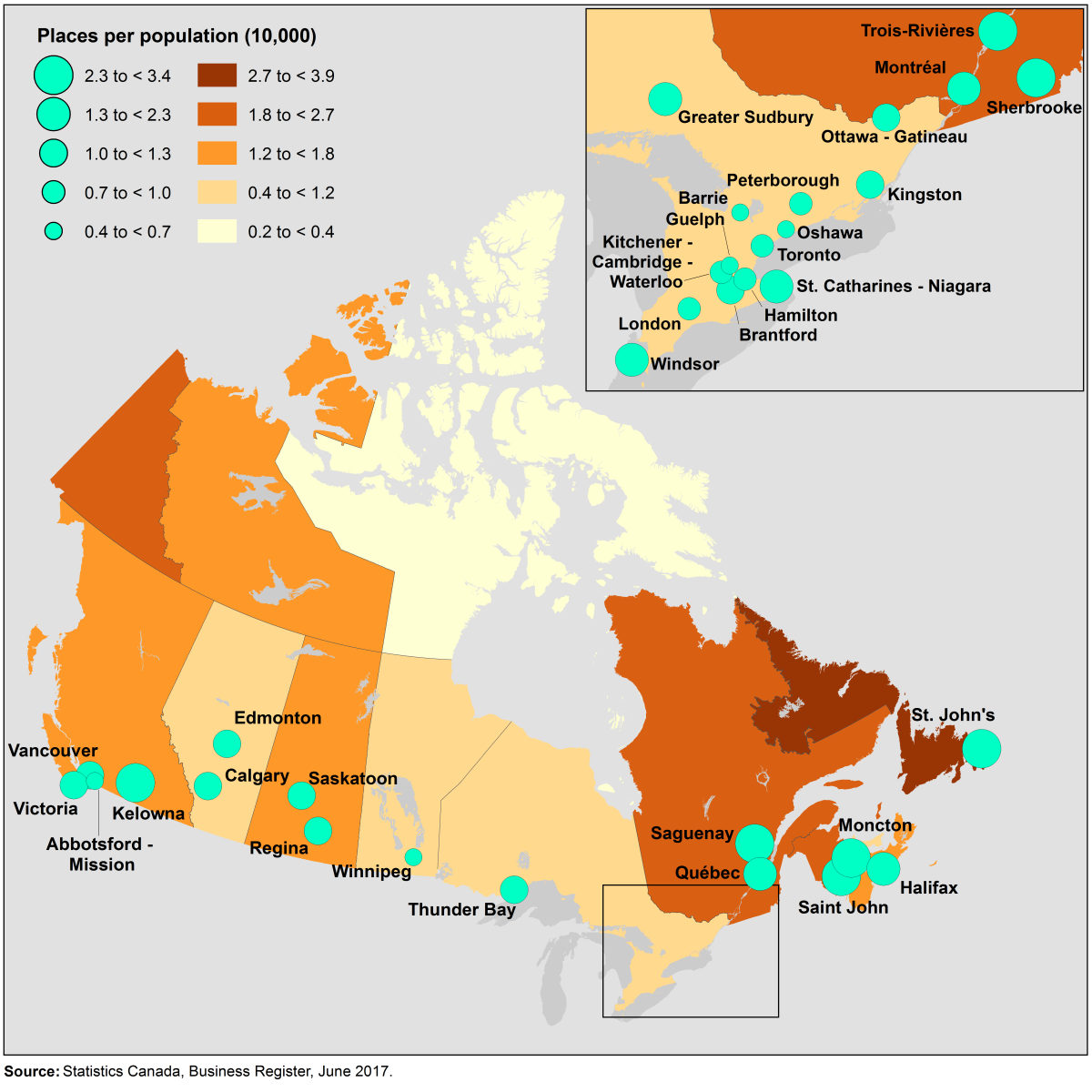 Thumbnail for map 1: Drinking places (alcoholic beverages) density by province and territory, and for select census metropolitan areas