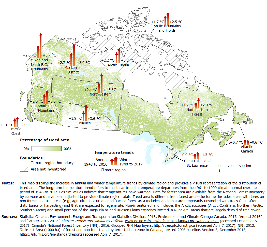 Thumbnail for map 2: Treed area and long-term temperature trends by climate region