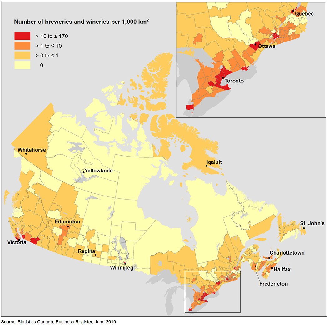 Thumbnail for map 1: Number of breweries and wineries per 1,000 square kilometres, by census division