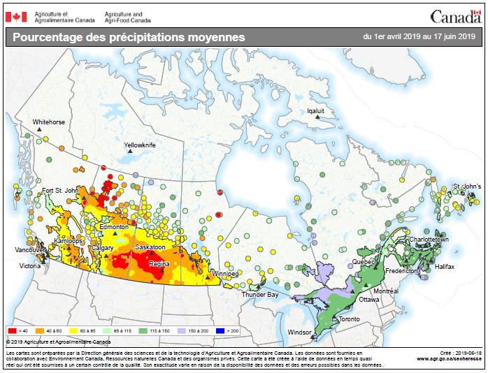 Vignette de la carte 1: Pourcentage des précipitations moyennes du 1<sup>er </sup>avril au 17 juin 2019 (pendant la saison de croissance), comparativement à la moyenne annuelle, selon la province 