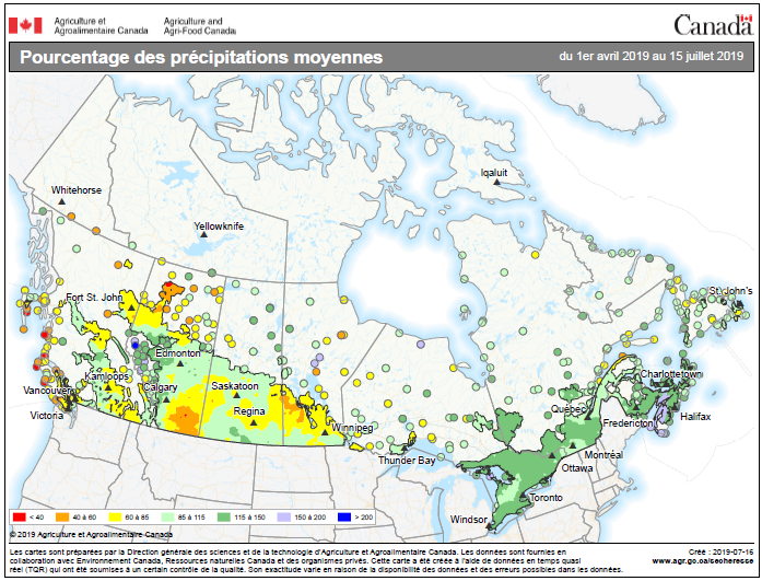 Vignette de la carte 2: Pourcentage des précipitations moyennes du 1<sup>er</sup> avril au 15 juillet 2019 (pendant la saison de croissance), comparativement à la moyenne annuelle, selon la province