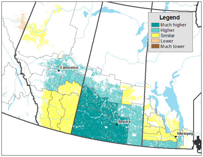 Thumbnail for map 3: Vegetation growth index as of the week of July 15, 2019 (during survey collection), compared with vegetation index as of the week of July 1, 2019, by census agricultural region, for Western Canada