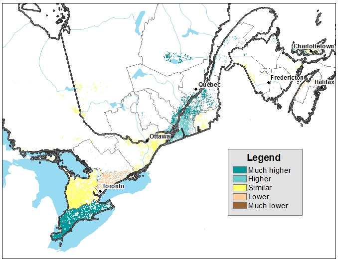 Thumbnail for map 4: Vegetation growth index as of the week of July 15, 2019 (during survey collection), compared with vegetation index as of the week of July 1, 2019, by census agricultural region, for Eastern Canada