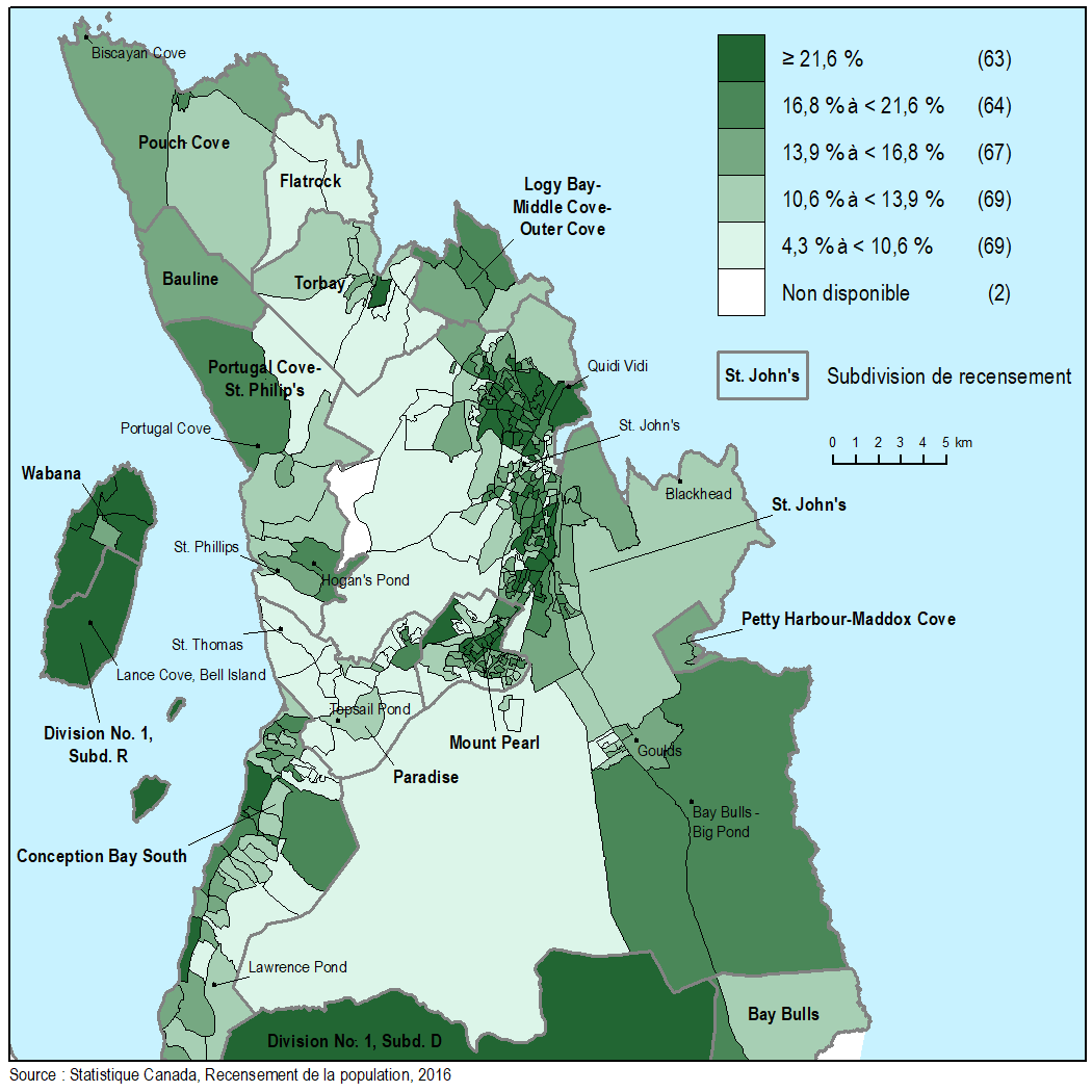 Vignette de la carte 1: Pourcentage de la population âgée de 65 ans et plus dans la partie nord-est de la péninsule d'Avalon, par aire de diffusion