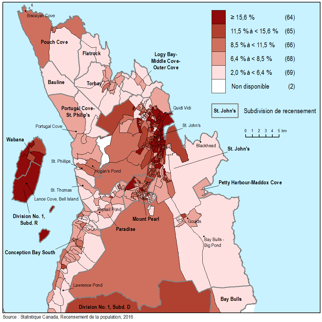 Vignette de la carte 3: Pourcentage de la population vivant seule dans la partie nord-est de la péninsule d'Avalon, par aire de diffusion
