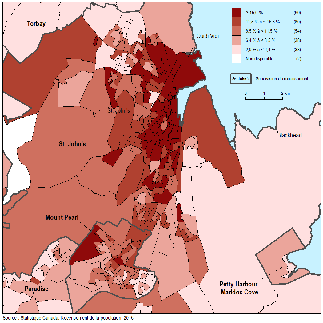 Vignette de la carte 4: Pourcentage de la population vivant seule à St. John's, par aire de diffusion