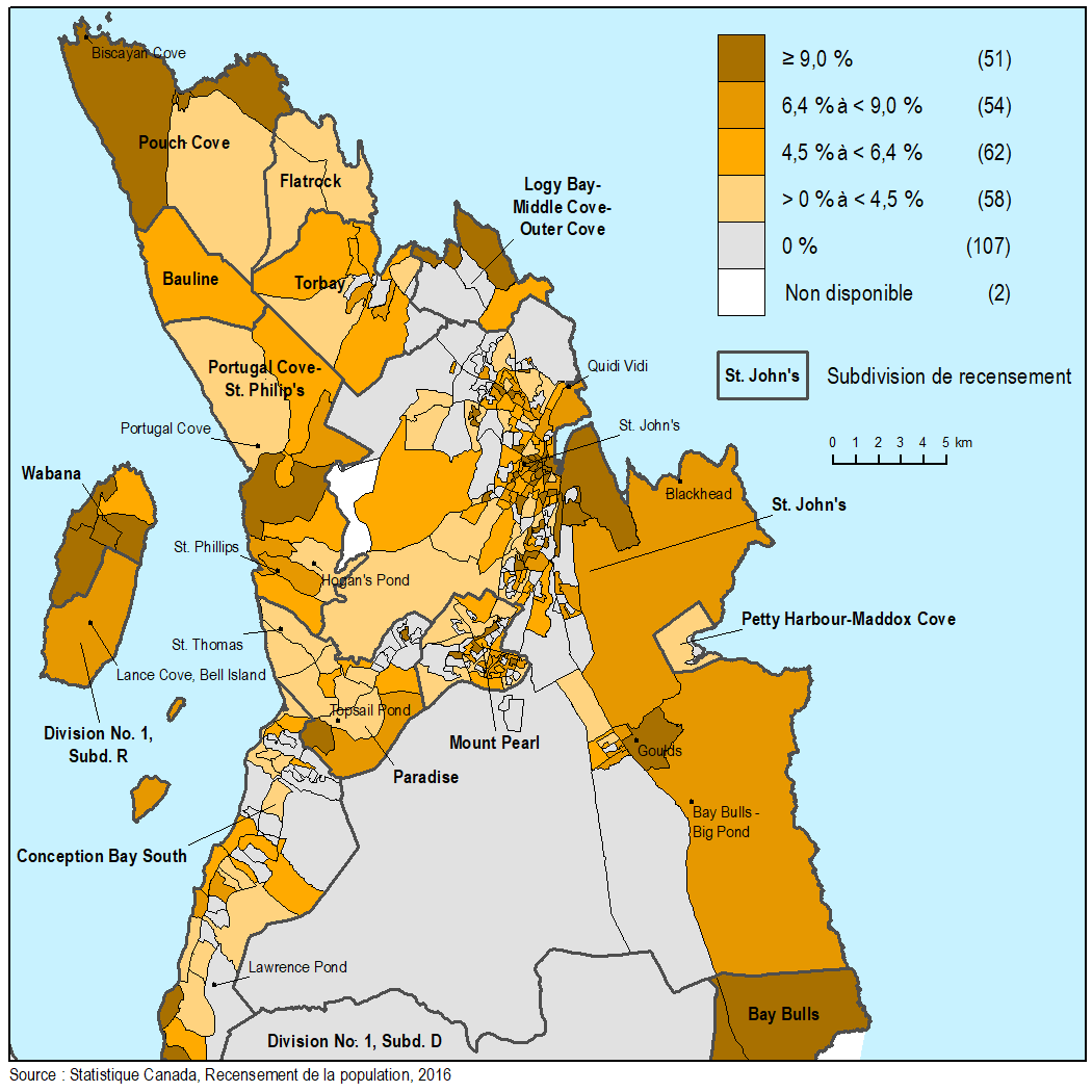 Vignette de la carte 5: Pourcentage de logements privés occupés nécessitant des réparations majeures dans la partie nord-est de la péninsule d'Avalon, par aire de diffusion