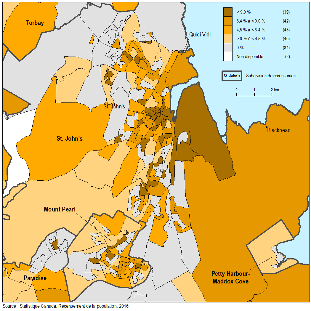 Vignette de la carte 6: Pourcentage de logements privés occupés nécessitant des réparations majeures à St. John's, par aire de diffusion