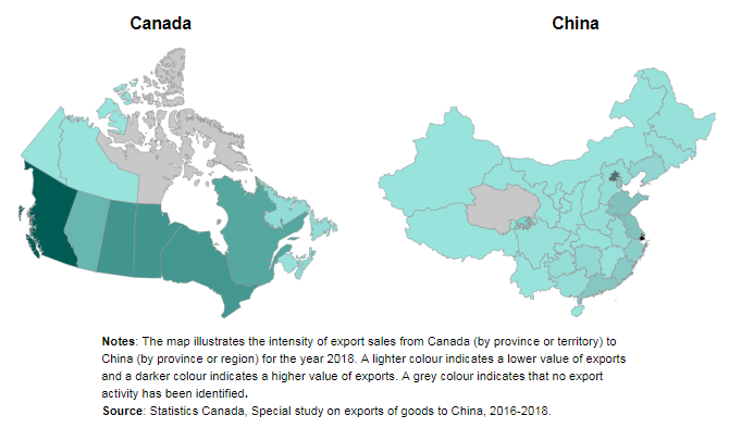 Thumbnail for map 1: Goods exports from Canadian provinces and territories to Chinese provinces and regions, 2018