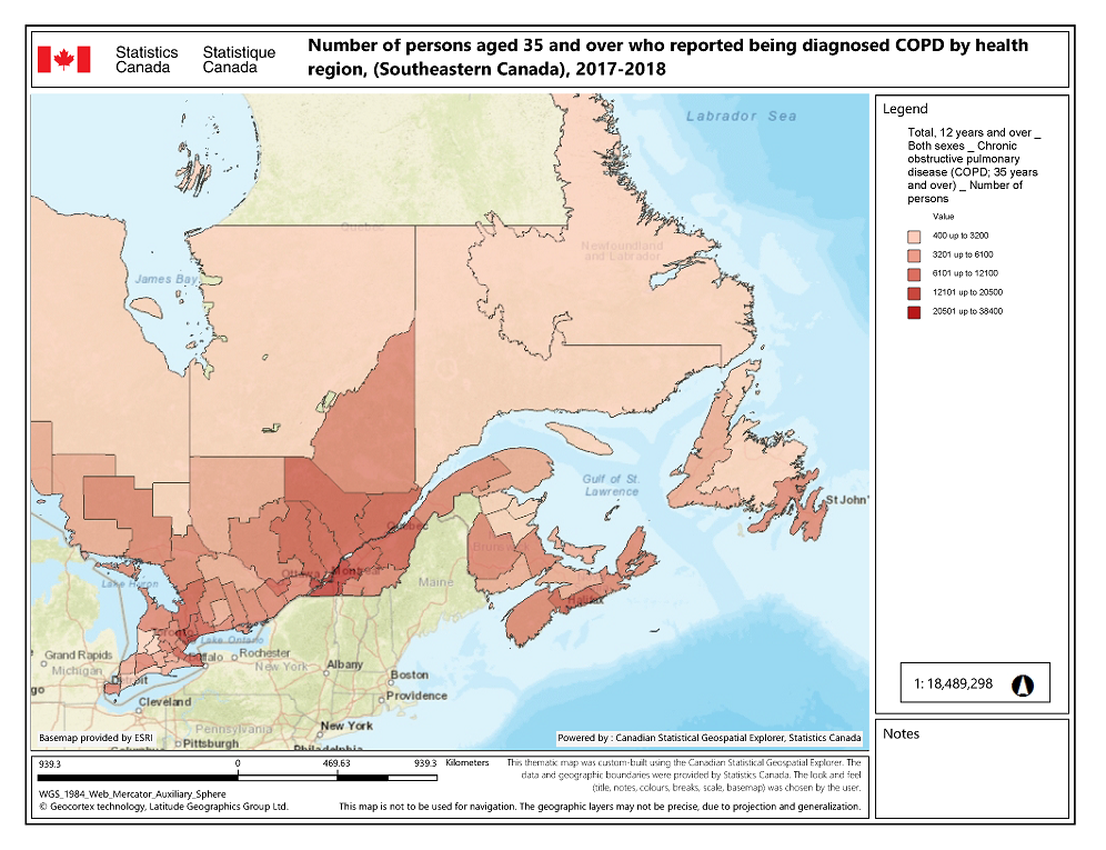 Thumbnail for map 3: Number of persons aged 35 and older who reported being diagnosed with chronic obstructive pulmonary disease by health region, (Southeastern Canada), 2017-2018