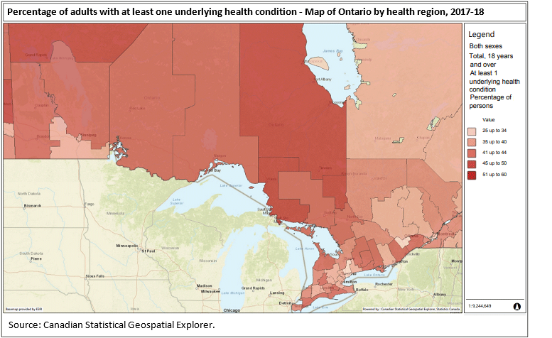 Thumbnail for map 1: Percentage of adults with at least one underlying health condition - Map of Ontario by health region, 2017-18