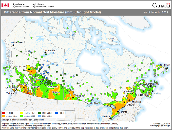 Thumbnail for map 1: Difference from normal soil moisture (in millimetres) (drought model) as of June 14, 2021 (during the collection period), compared with annual average, by province