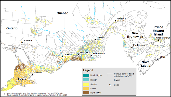 Thumbnail for map 4: Vegetation growth index as of the week July 26, 2021 compared with normal, by census consolidated subdivision for Eastern Canada