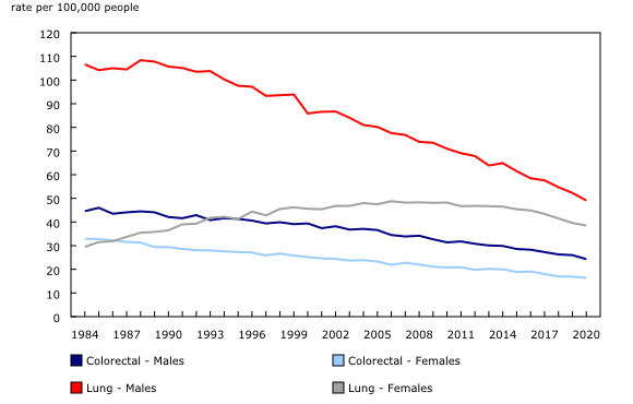 Chart 2: Age-standardized lung and colorectal cancer mortality rates, Canada, 1984 to 2020