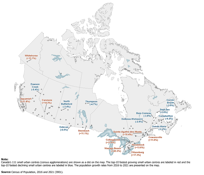 Thumbnail for map 3: Fastest growing small urban centres often close to Canada's largest metropolises while fastest declining small urban centres often in more remote locations