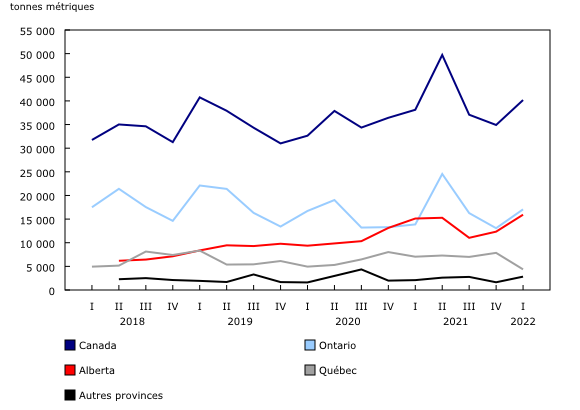 Graphique 3: Stocks de viandes de bœuf froides et congelées trimestriels, selon la province