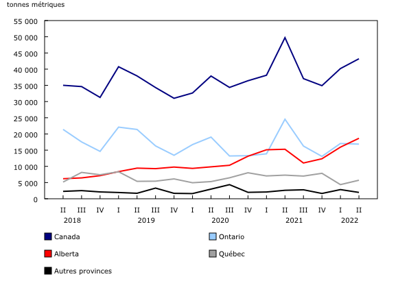 Graphique 3: Stocks de viandes de bœuf froides et congelées trimestriels, selon la province