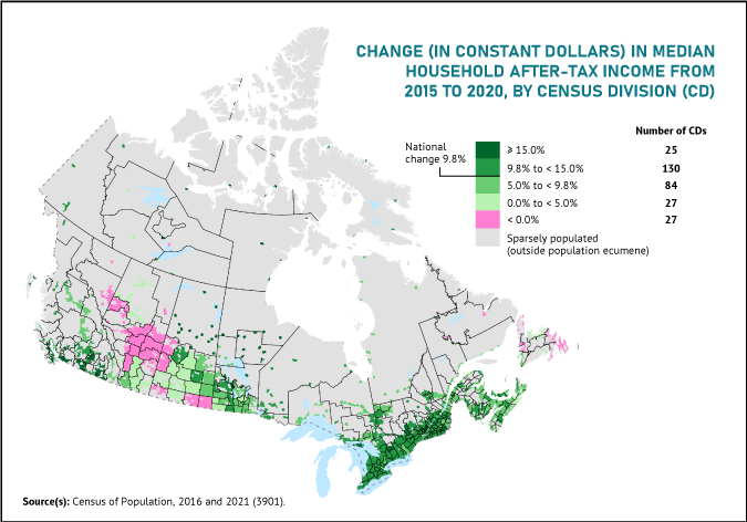 Thumbnail for map 3: Areas recording declines of their median after-tax income from 2015 to 2020 were concentrated in Alberta, Saskatchewan and Newfoundland and Labrador