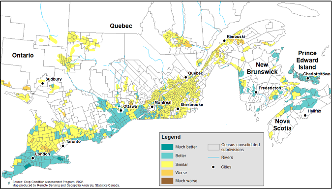 Thumbnail for map 4: Vegetation growth index as of the week of July 25 to July 31, 2022, compared with normal, by census consolidated subdivision for Eastern Canada