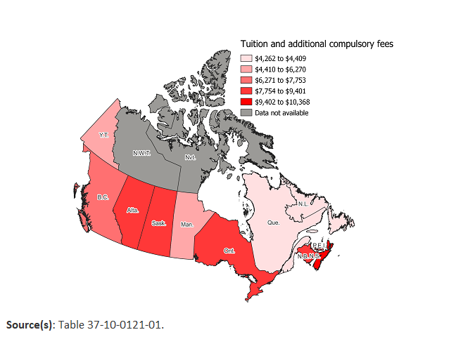 Thumbnail for map 1: Average undergraduate tuition and additional compulsory fees for Canadian full-time students, by province, 2022/2023