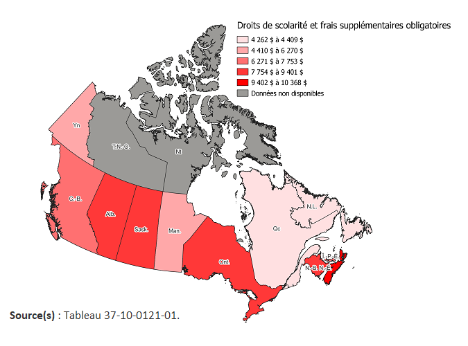 Vignette de la carte 1: Frais de scolarité et frais obligatoires supplémentaires moyens des étudiants canadiens à temps plein de premier cycle, par province, 2022-2023