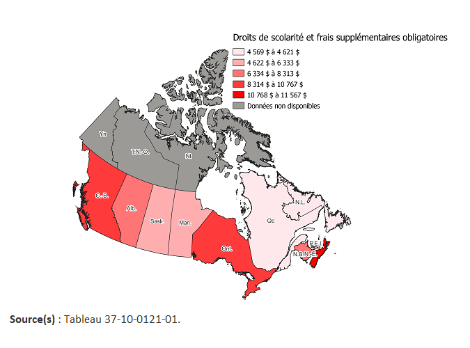 Vignette de la carte 2: Frais de scolarité et frais obligatoires supplémentaires moyens des étudiants canadiens à temps plein de cycles supérieurs, par province, 2022-2023