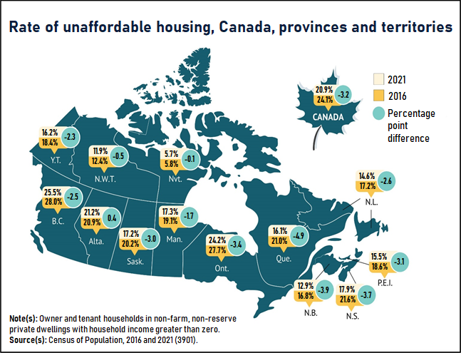 Thumbnail for map 4: Unaffordable housing rates are down across Canada in 2021, except in Alberta