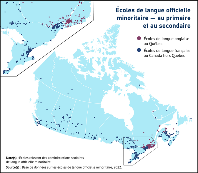 Vignette de la carte 4: Il y avait plus de 1 000 écoles de langue officielle minoritaire au Canada en 2022, dont 270 étaient situées au Québec et 750, au Canada hors Québec 