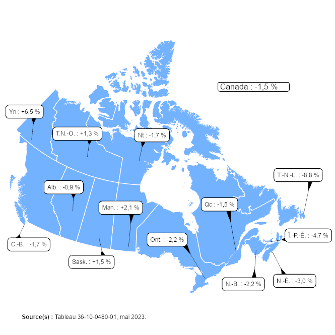 Vignette de la carte 1: Croissance de la productivité du travail dans le secteur des entreprises, Canada, provinces et territoires, 2022