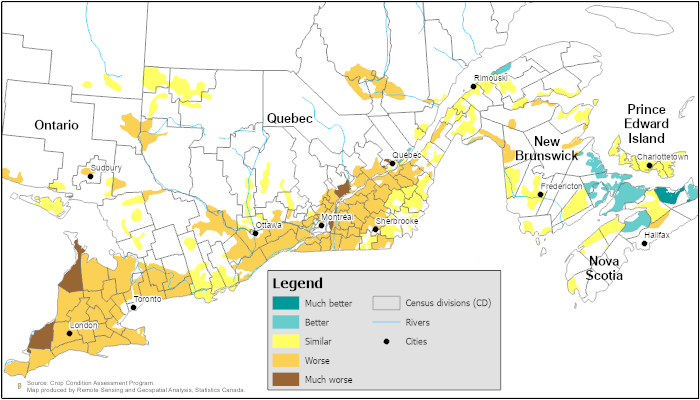 Thumbnail for map 2: Crop and pasture growth conditions as of May 28, 2023, compared with the average (as observed from 1987 to 2022), by census division, Central and Atlantic Canada