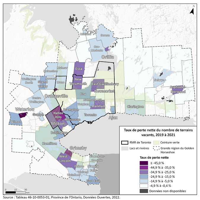 Vignette de la carte 1: Dans la grande région de Golden Horseshoe, Orangeville, Waterloo et Halton Hills ont connu les plus forts taux de pertes liées aux terrains vacants