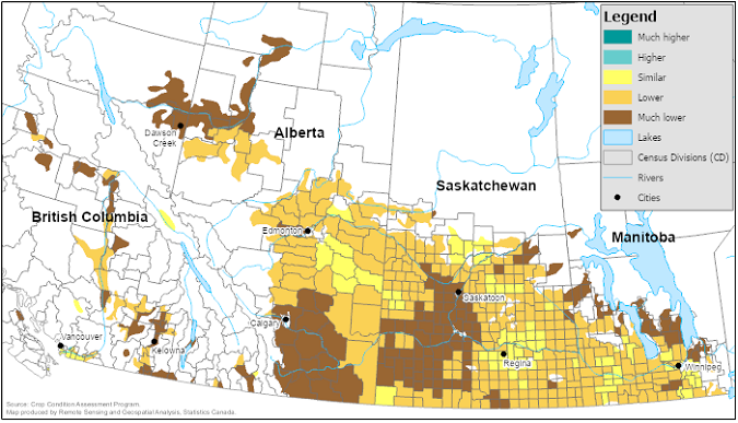 Thumbnail for map 3: Vegetation growth index as of the week of July 24 to July 30, 2023, compared with normal, by census consolidated subdivision for Western Canada